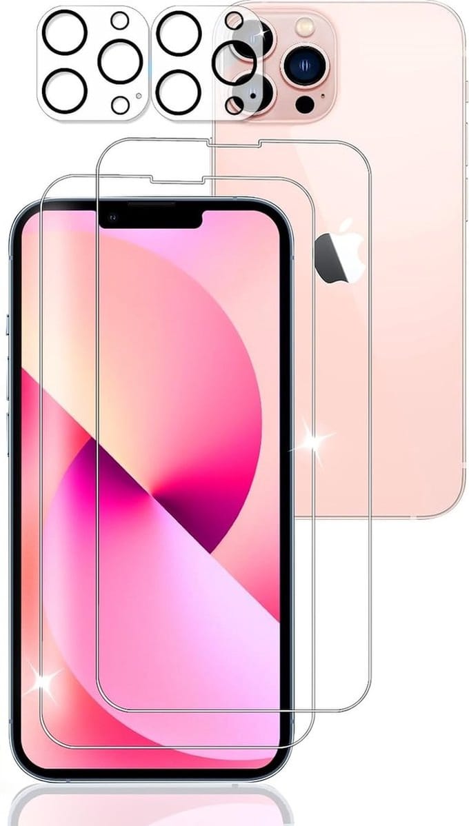 Glasplaatje Screen Protector 2x en Camera lens protector 2x / Tempered glass Screen protector Geschikt voor: iPhone 13 Pro Max - Beschermglas - Transparant