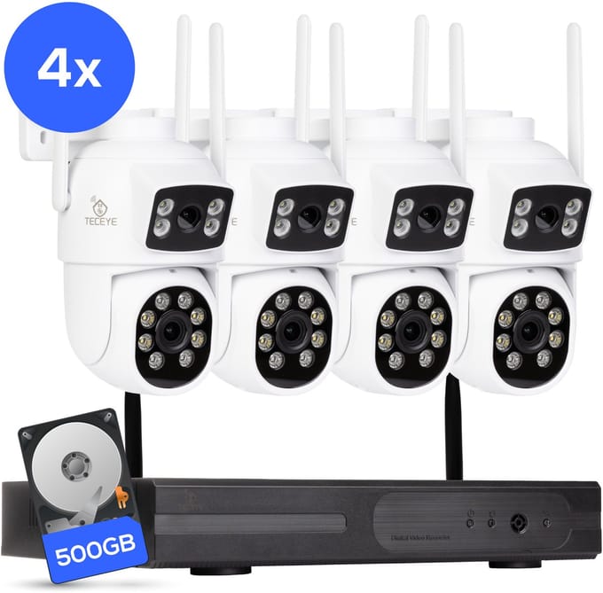 Teceye Dual Beveiligingscamera Buiten met Recorder - Draadloze Buitencamera - 4 Camera - 500GB Opslag