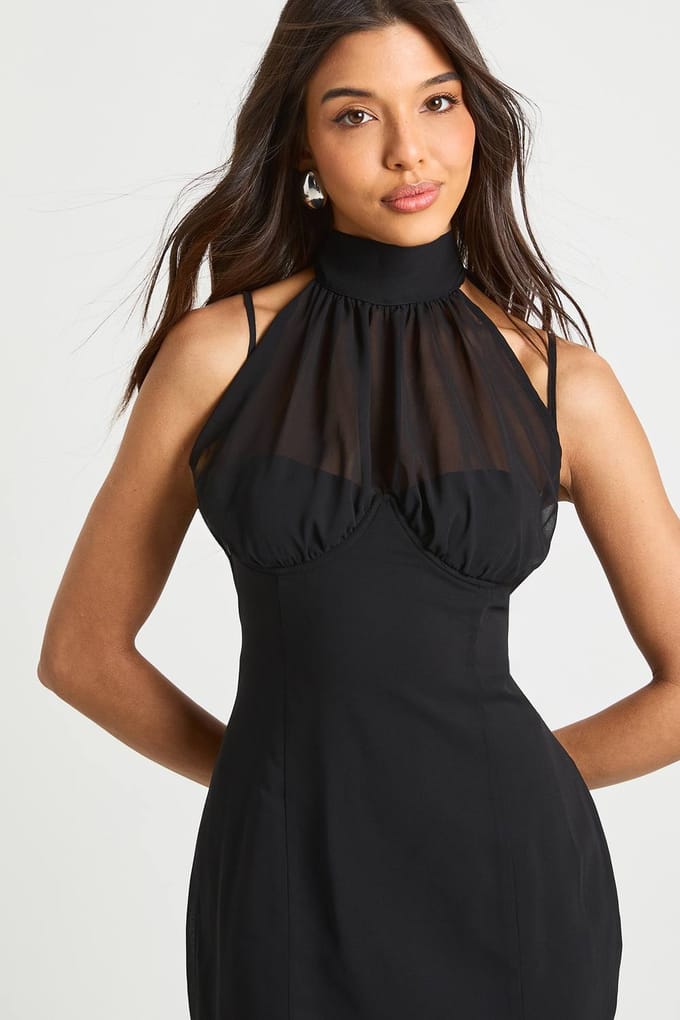 boohoo Dames Mini-jurk met hoge hals en gerimpelde cup | Black | Maat: 12