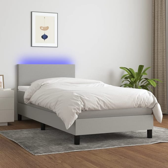vidaXL - Boxspring - met - matras - en - LED - stof - lichtgrijs - 90x190 - cm