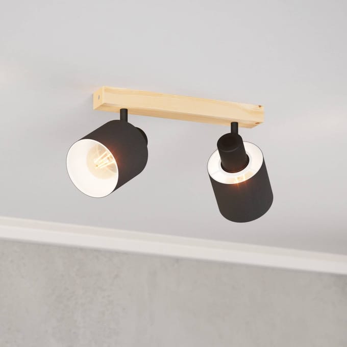 EGLO Batallas plafondspot, lengte 30 cm, zwart/hout, 2-lamps.