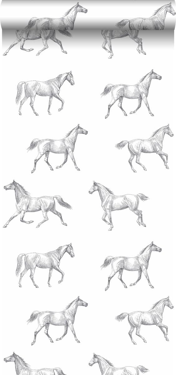 Walls4You behang paarden grijs en wit - 935281 - 53 cm x 10,05 m