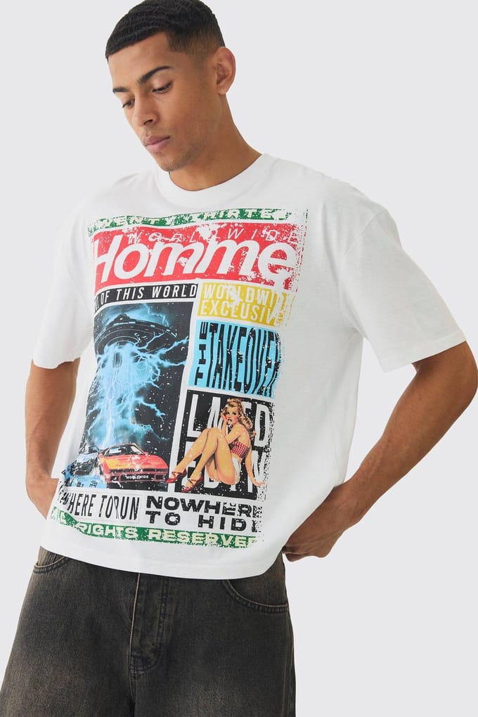 Oversized Boxy Homme Magazine Graphic T-Shirt | White | Size Medium