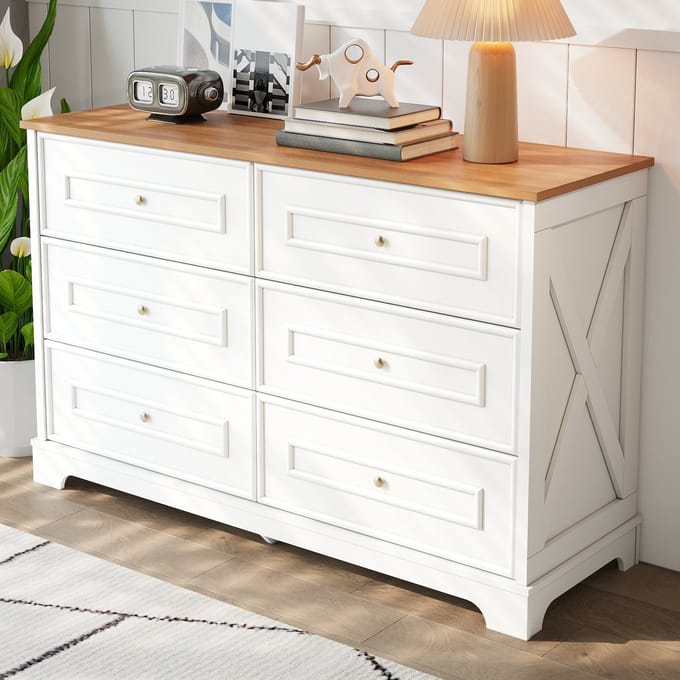 Sweiko Ladekast - 6 lades - Houtnerf werkblad - Dressoir - Halmeubel - Wit + Natuurlijke