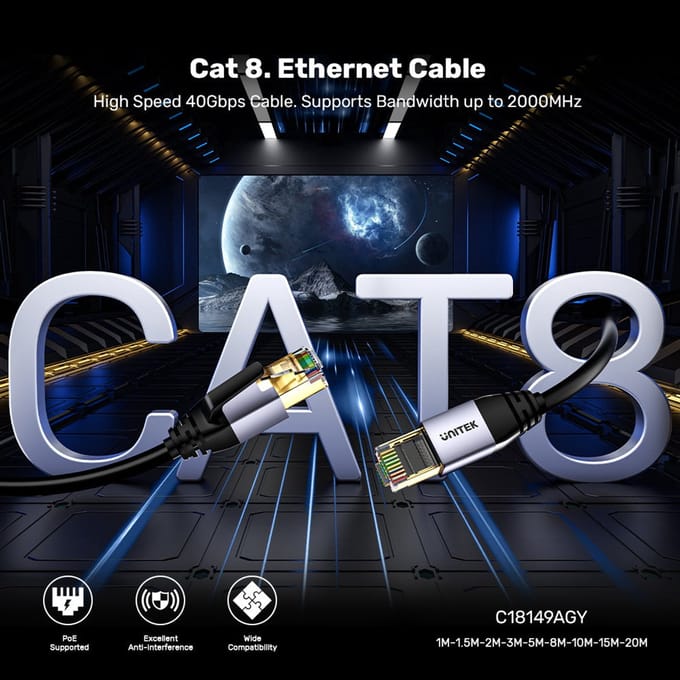 UNITEK C18149AGY03-1.5M netwerkkabel Zwart 1,5 m Cat8 S/FTP (S-STP)
