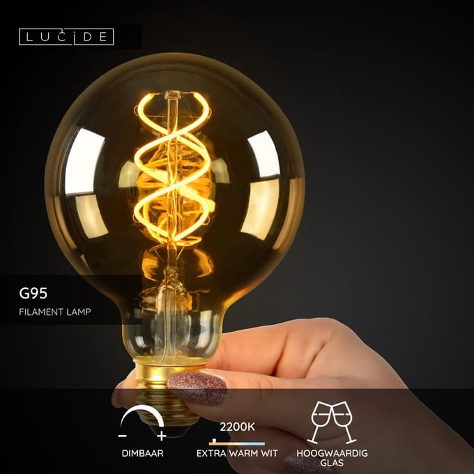 Lucide Ledfilamentlamp Globe G95 - Ambre - D9,5cm - Dimbaar - Warm Wit - E27 - 4,9w