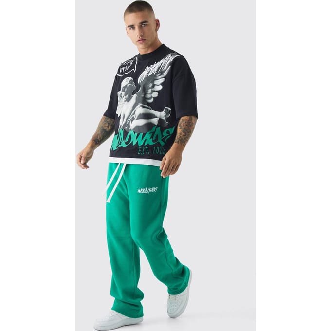 Oversized Graphic Faux Layer T-Shirt And Jogger Set | Green | Size Medium