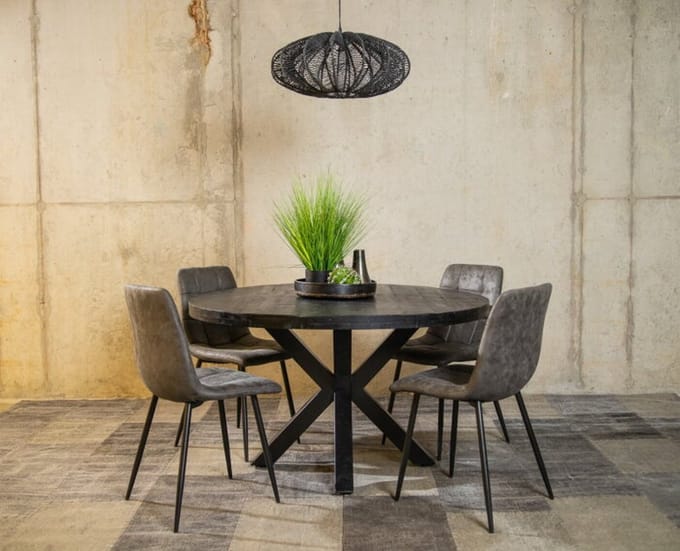 Combideal Eetkamerset: Ronde Zwarte Mangohouten Eettafel met 4 Leonardo Stoelen - Eethoek - Meubelplaats