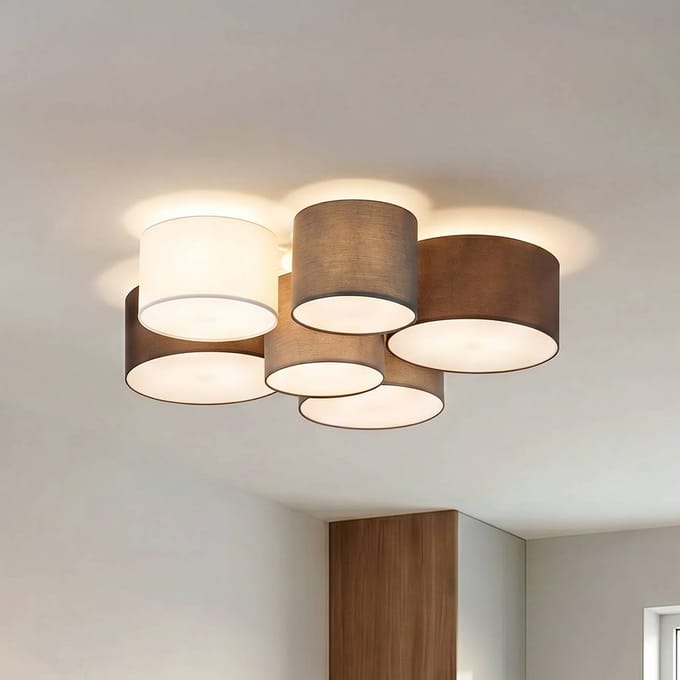 Lindby - plafondlamp - 6lichts - Stof, metaal - H: 28.5 cm - E27 - grijs, wit, bruin