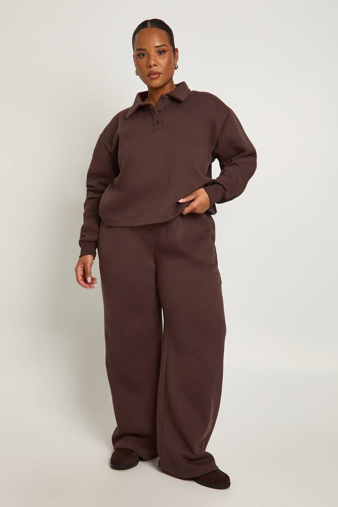 boohoo Dames Plus button-down joggers met wijde pijpen | Chocoladebruin | Maat: 54