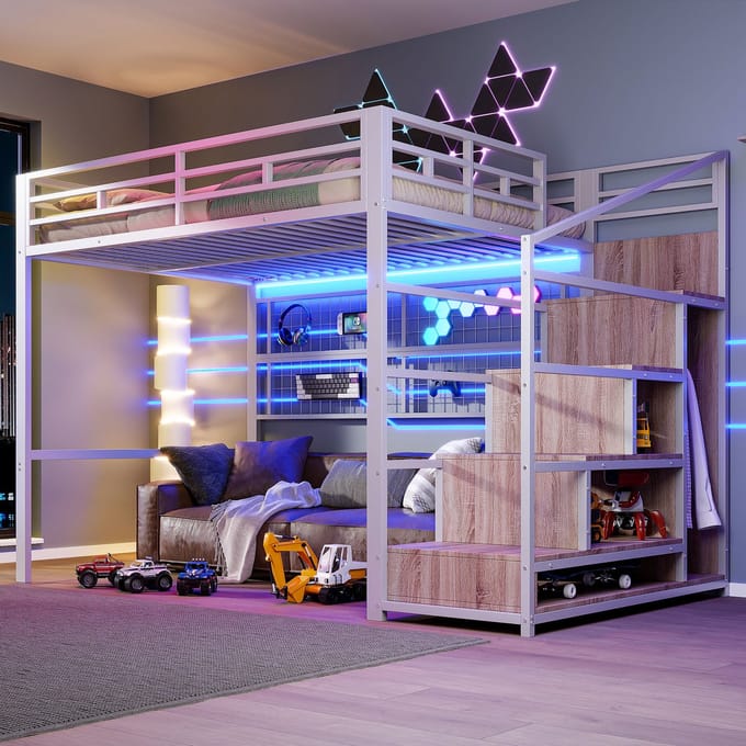 Hoogslaper - 140x200 cm - Kledingkast & LED - Trap met Opbergruimte - Metaal - Wit