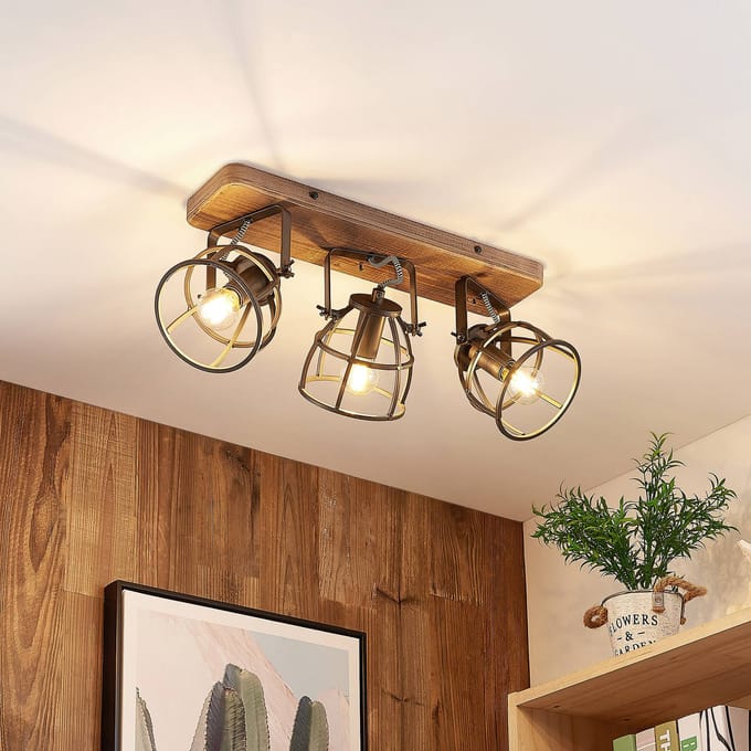 Lindby - plafondlamp hout - 3lichts - Metaal, hout - H: 20 cm - E14 - zwart, bruin