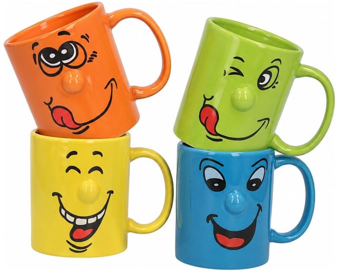 Gerimport Koffie / thee mok Funny Faces - 4x stuks - multi kleuren - 330 ml - mokken - keramiek