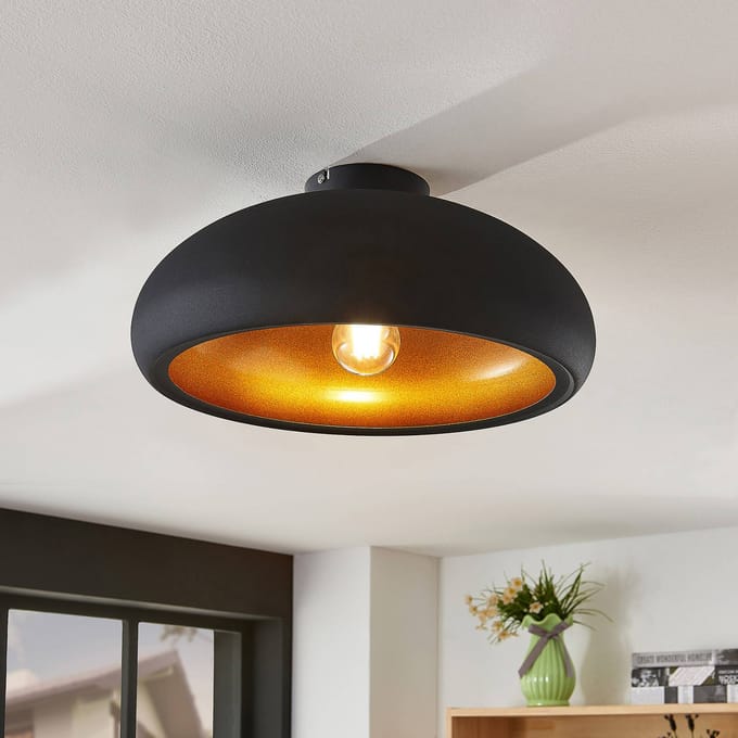 Lindby - plafondlamp - 1licht - Metaal - H: 17.4 cm - E27 - zwart, goud