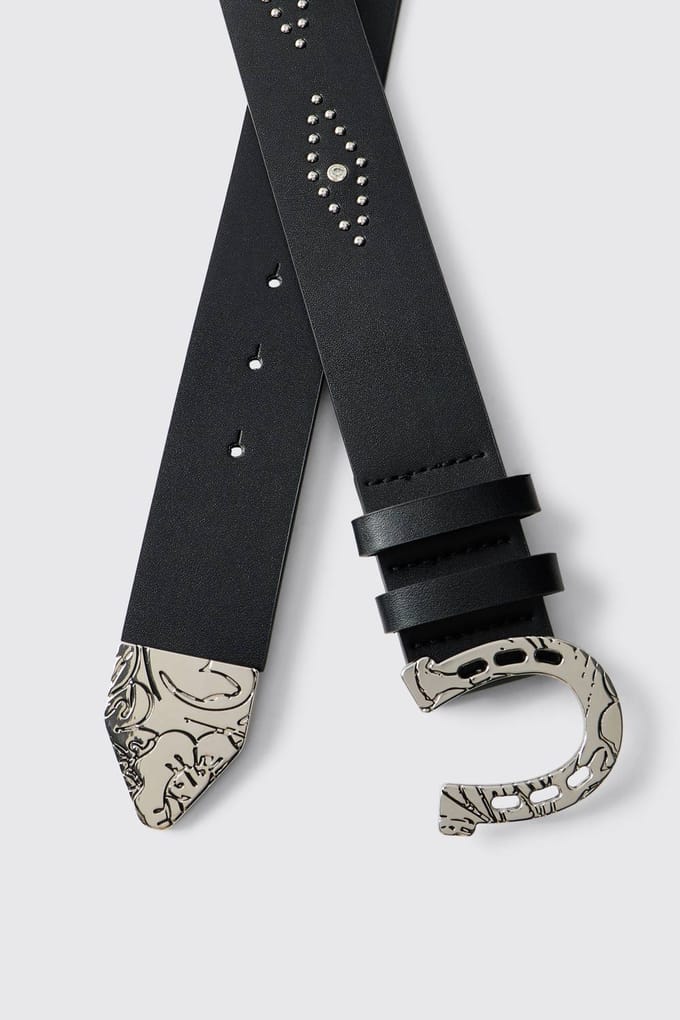 Horseshoe Buckle Studded PU Belt | Black | Size XL