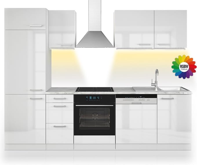 Vicco Optima Complete keukeneenheid – 270 cm zonder werkblad met LED-strip Wit hoogglans/wit