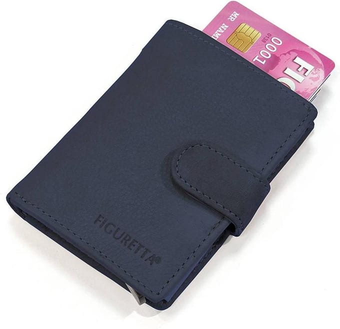 Figuretta - RFID Card Protector - Creditcardhouder - Aluminium - Portemonnee - Leer -  Donker Blauw