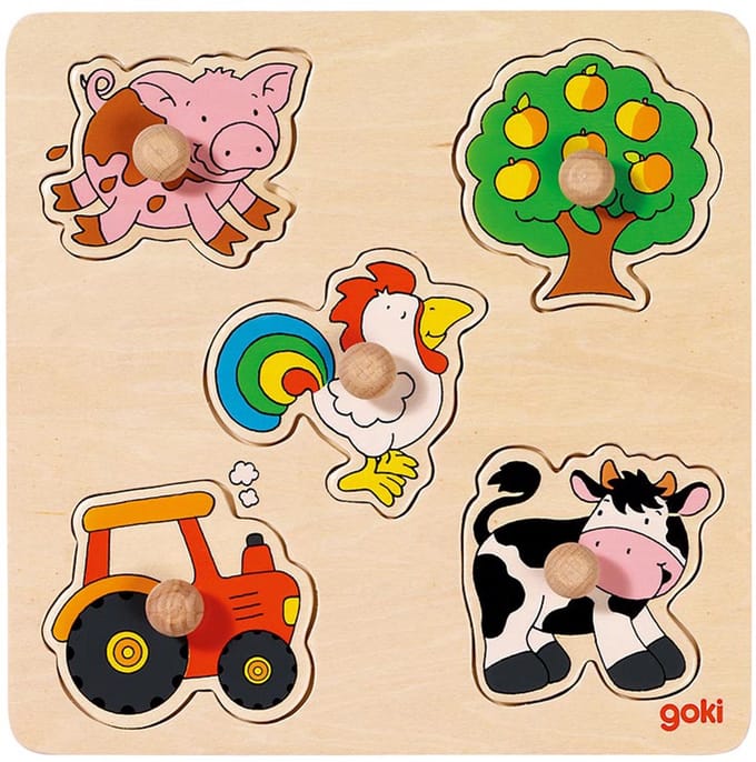 GOKI Steekpuzzel - Het Platteland - 5 Delen - 21X21X2,4Cm - Hout - 1 Jaar