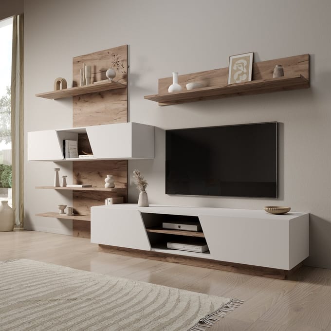 Meubella - Huxley - Wandmeubel - Eikenpatroon/Wit - 296x52x203 cm
