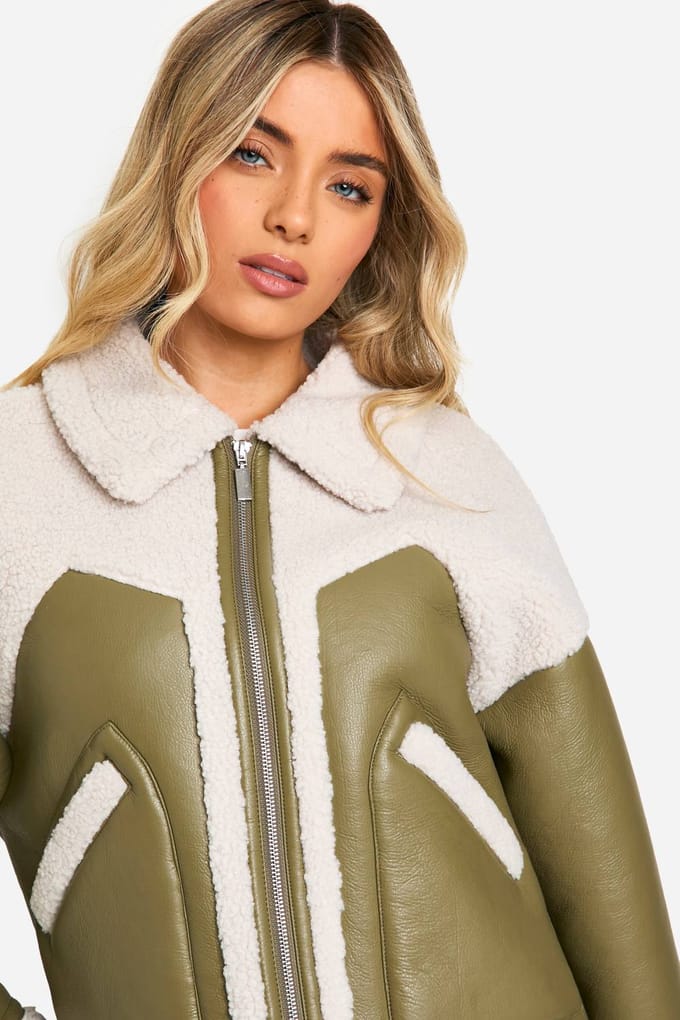 boohoo Dames Aviatorjas van kunstleer met teddy-afwerking | Sage | Maat: 8