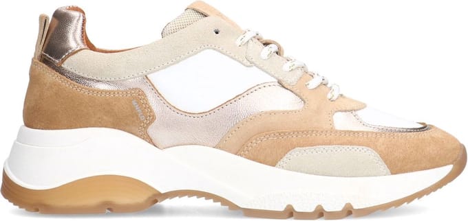 Manfield - Dames - Beige leren sneakers met witte details - Maat 39