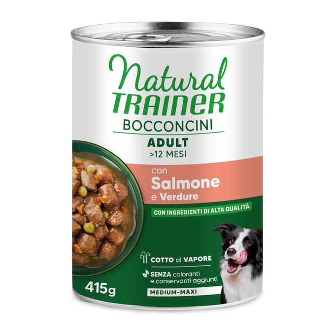 415g Natural Trainer Bocconcini Adult Medium & Maxi Chunks zalm nat hondenvoer