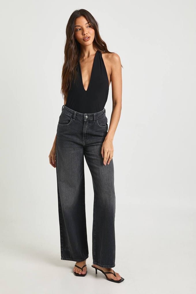 boohoo Dames Basics Hoge Taille Wijde Pijpen Jeans | Washed Black | Maat: 16/32L