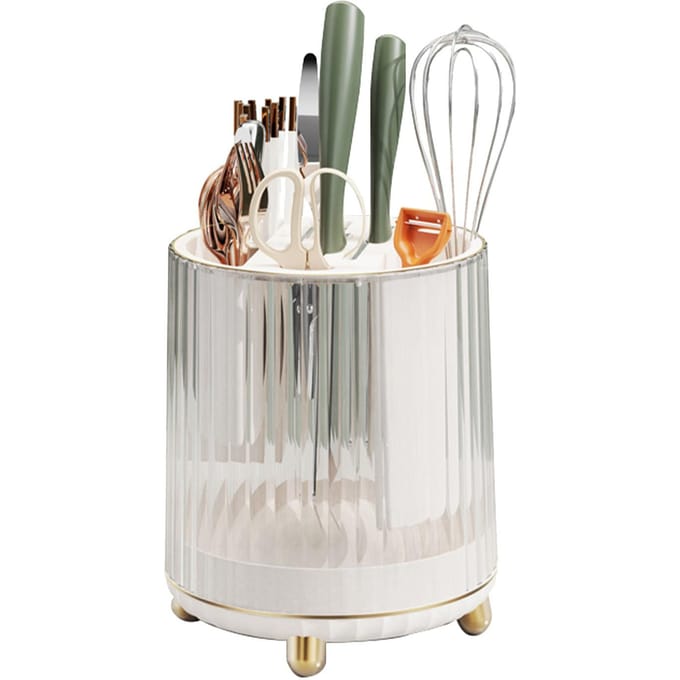 Porte-couteaux de cuisine, bloc à couteaux rotatif, avec fente pour ciseaux, multifonctionnel blanc