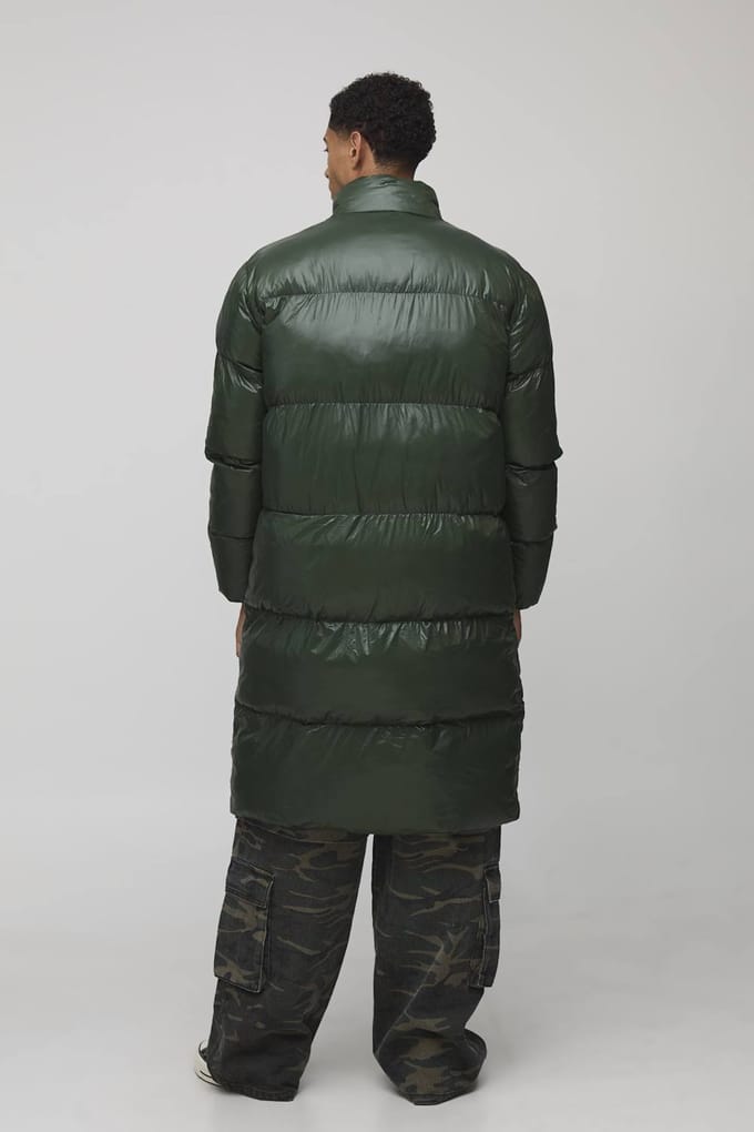 Regular Fit High Shine Longline Puffer Jacket | Khaki | Size Medium