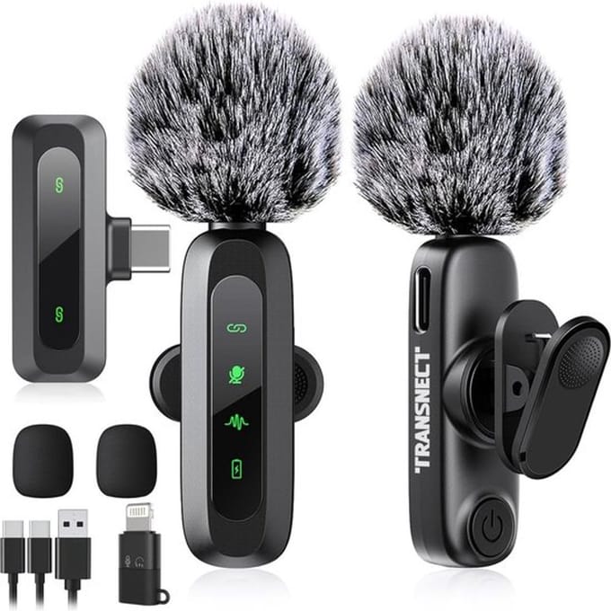TRANSNECT - Draadloze Microfoon - 2 stuks - Microfoon Draadloos - Dasspeld Microfoon Draadloos - Microfoon Bluetooth - Lavalier Microfoon - USB-C & 8-pins ontvanger - Geschikt Voor Alle Telefoons