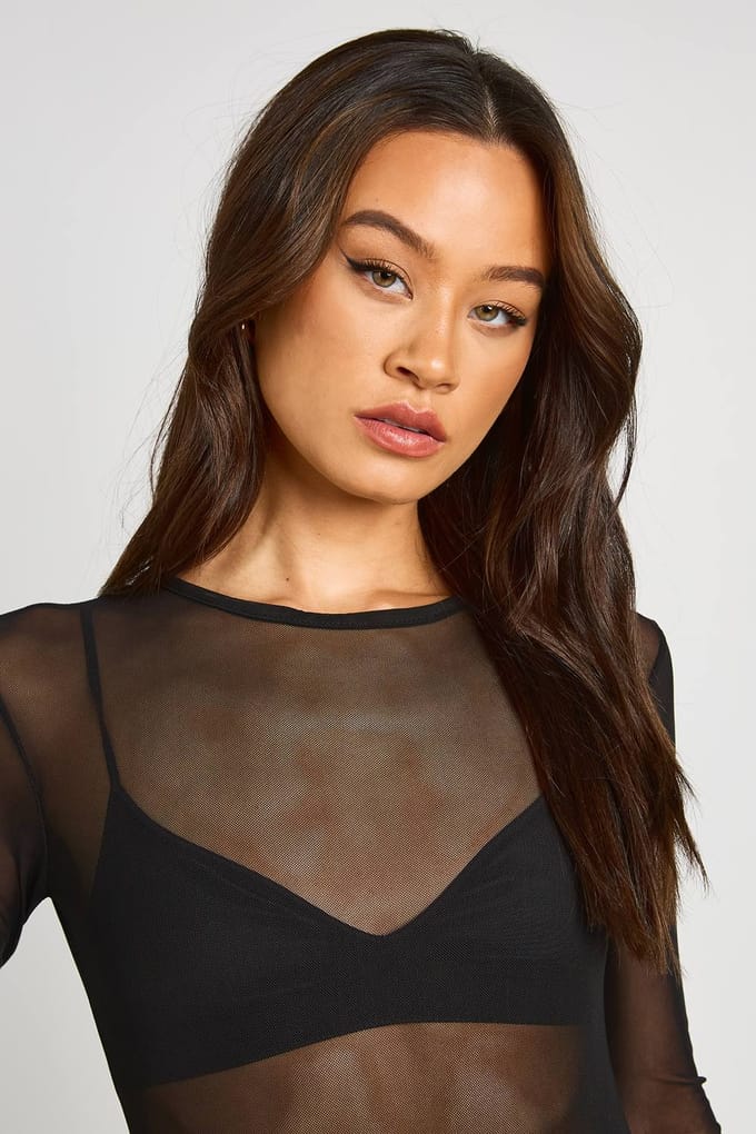 boohoo Dames Lang Basic Mesh Bodysuit Met Lange Mouwen | Zwart | Maat: 46
