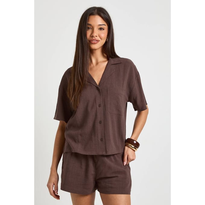 boohoo Dames Premium Linnen Korte Mouw Overhemd | Espresso | Maat: 34