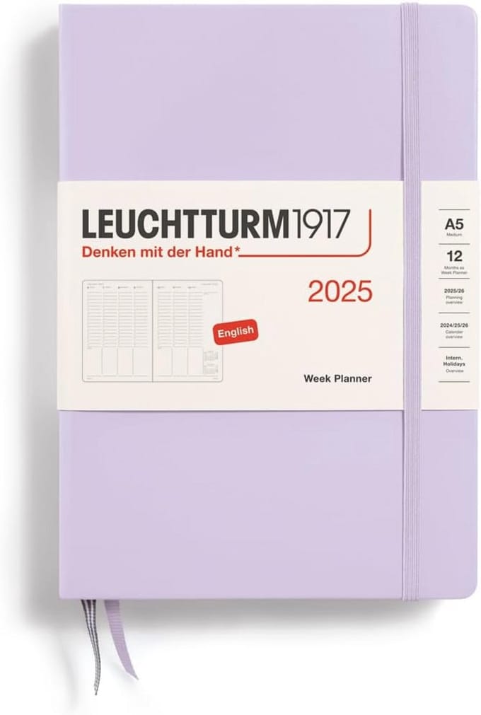 Weekplanner 2025, medium A5 hardcover - 12-maands-kalender, gelinieerd, lila, Engels