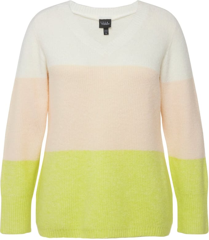 Ulla Popken - Dames - Pullover blokstrepen V-halslijn lange mouwen - Limoengroen - Maat 50+