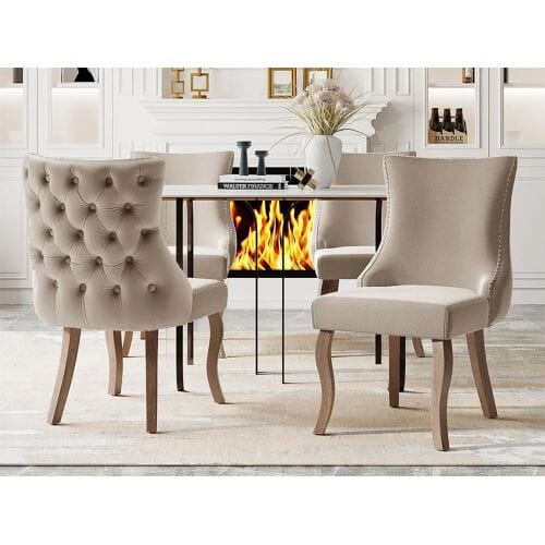 ModernLuxe Set van 4 fluwelen gondelstoelen - massief houten poten - Beige