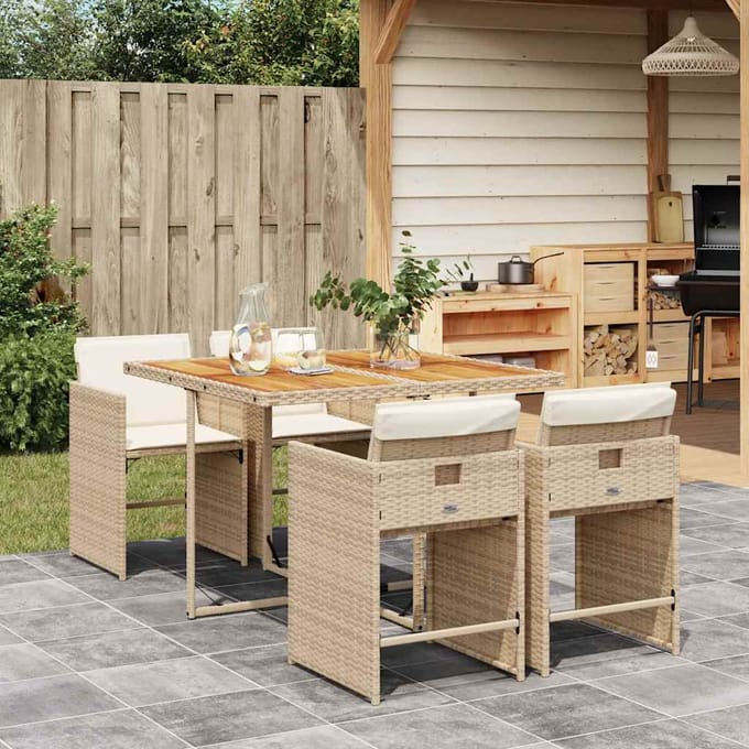 vidaXL - 5-delige - Tuinset - met - kussens - poly - rattan - beige