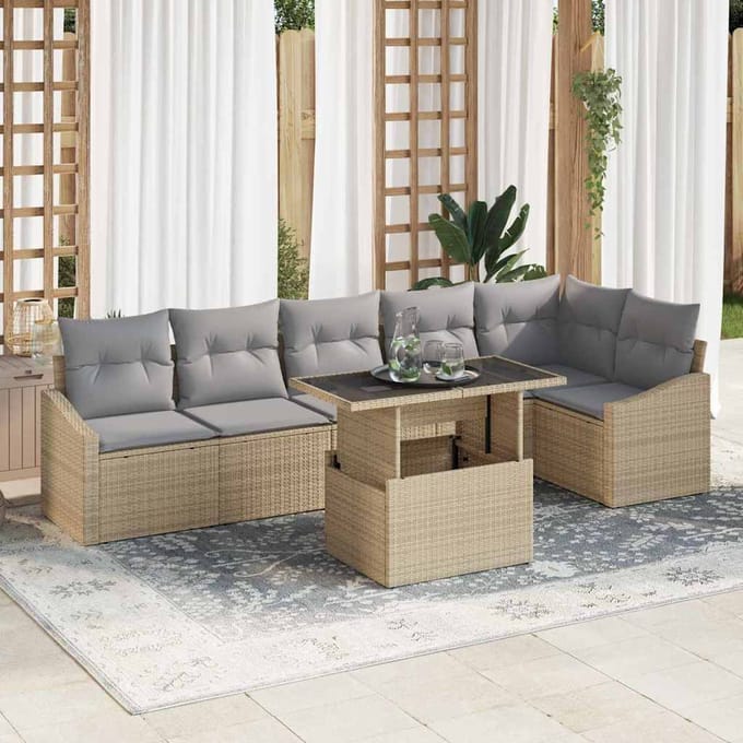 vidaXL - Tuinbank - Set - 7 - st - Beige - en - Lichtgrijs - poly - rattan
