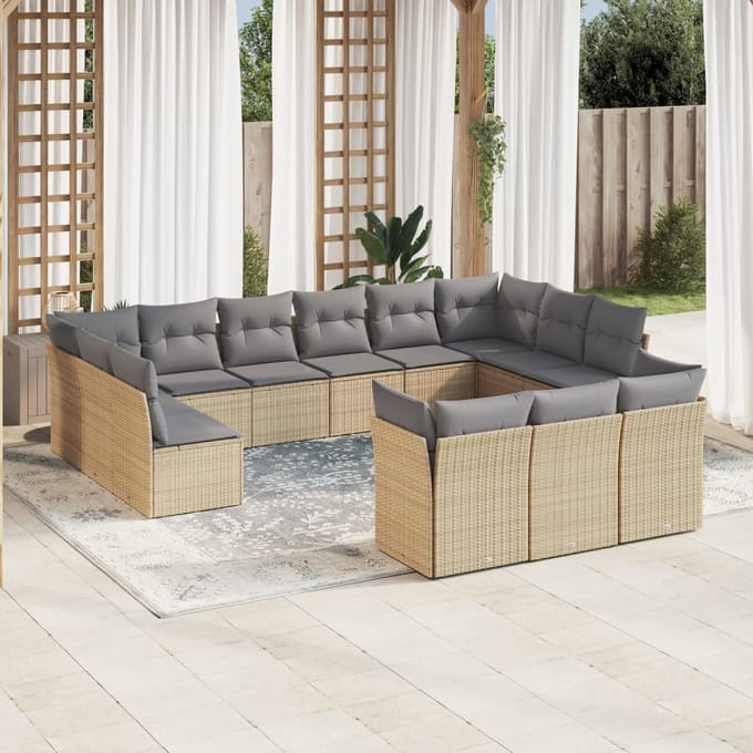 vidaXL - 13-delige - Loungeset - met - kussens - poly - rattan - beige