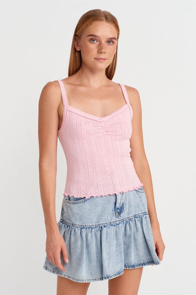 Katoenen Geribbelde Blouse met Vierkante Halslijn