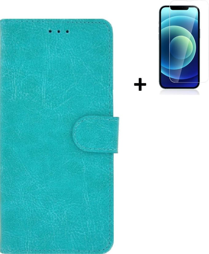 Geschikt voor iPhone 13 Pro Max Hoesje + iPhone 13 Pro Max Screenprotector - iPhone 13 Pro Max Hoes Wallet Bookcase Turquoise + Tempered Glass