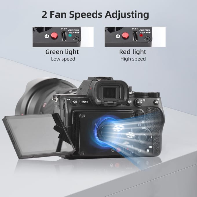 Andoer FS-04B camerakoelventilator extern koelsysteem met 2 ventilatorsnelheden 4 stuks montageadapter zwart