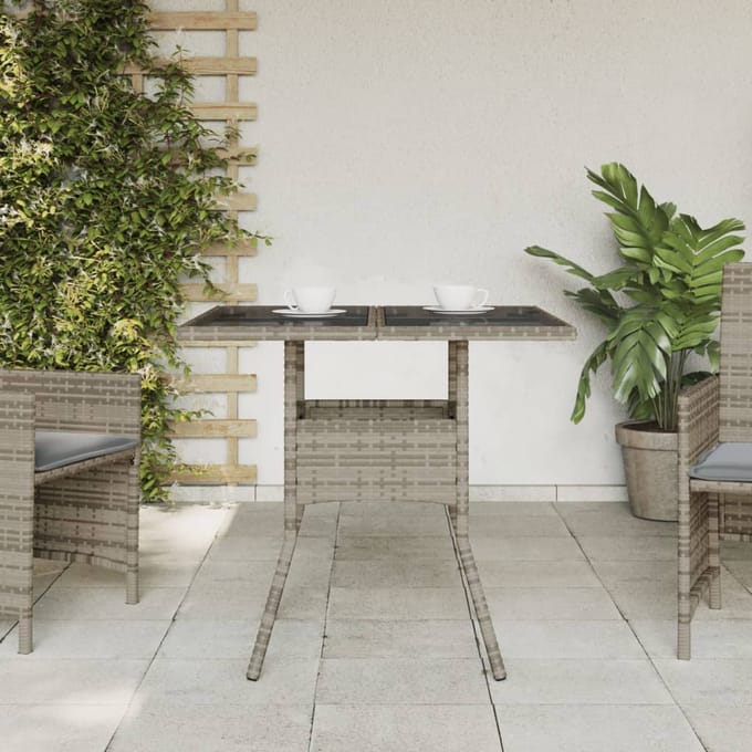vidaXL - Tuintafel - met - glazen - blad - 80x80x75 - cm - poly - rattan - grijs