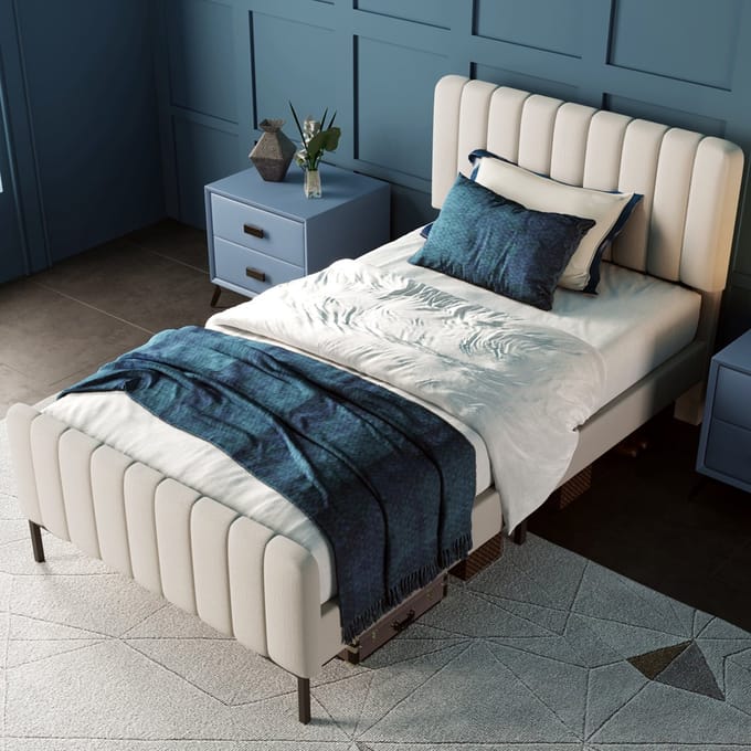 STILVORA Gestoffeerd Bed 90x200 - Eenpersoonsbed Met Massief Houten Frame - Linnen Bekleding - Grijs-Beige