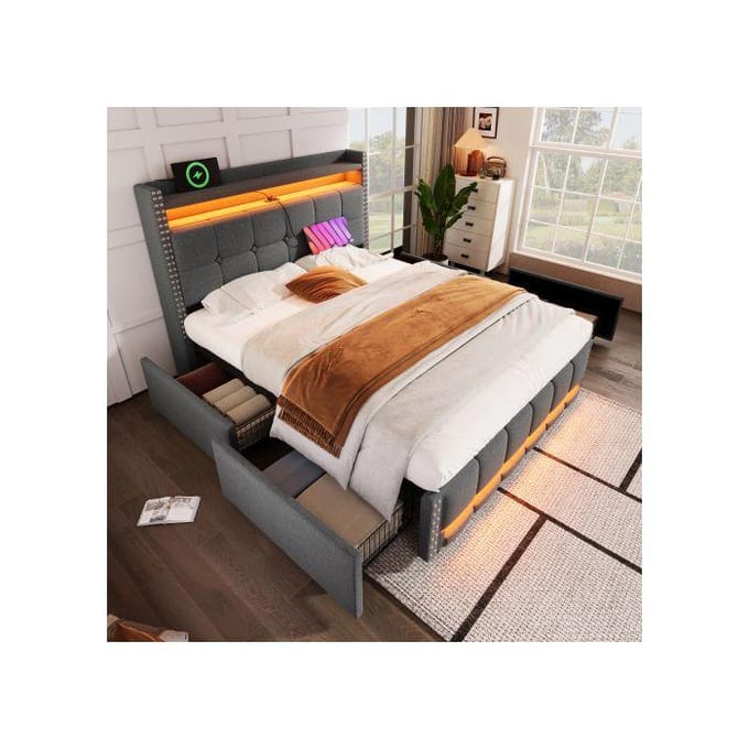 Lit rembourré - MUVOE - 140x200 cm - Éclairage LED - Prise USB - 4 tiroirs de rangement gris