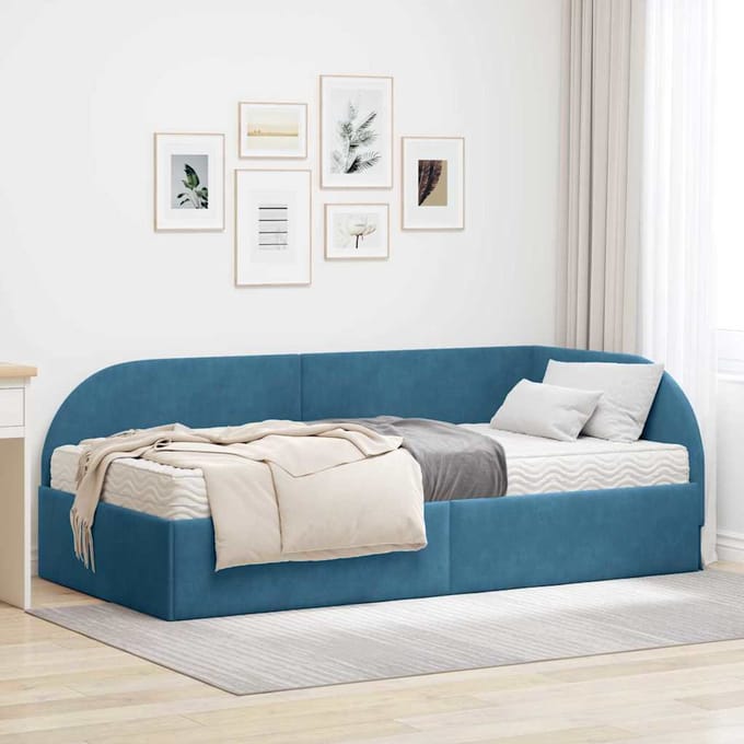 vidaXL - Hoekbedframe - met - Matras - 2 - st - Blauw - 90 - x - 200 - cm - Fluweel
