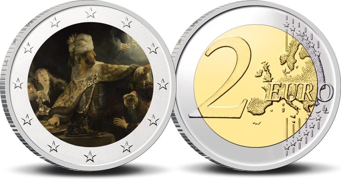 2 Euro munt kleur Rembrandt Het feestmaal van Belsazar