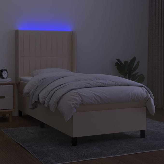 vidaXL - Boxspring - met - matras - en - LED - stof - crèmekleurig - 90x190 - cm