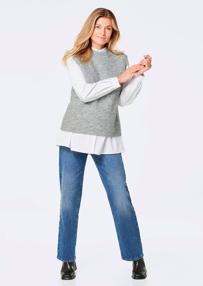 Ribpullover met opstaande kraag - grijs / gemêl. - Gr. 46 van Goldner Fashion