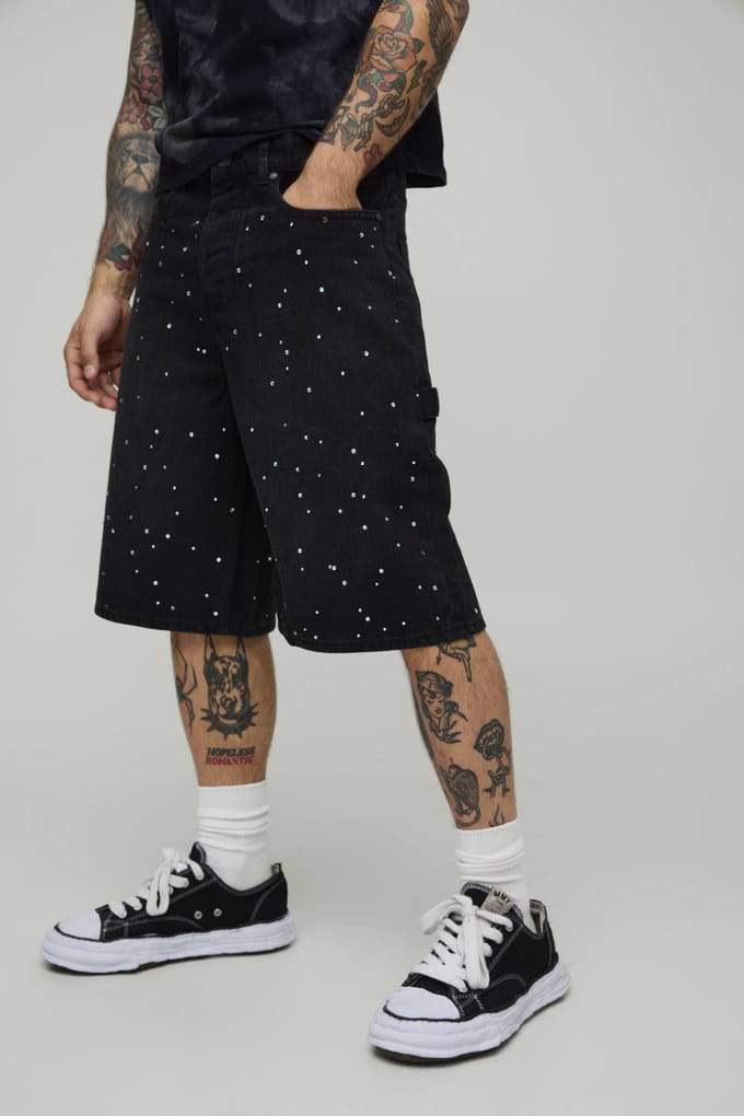 All Over Rhinestone Overdye Denim Jorts | Washed Black | Size 44
