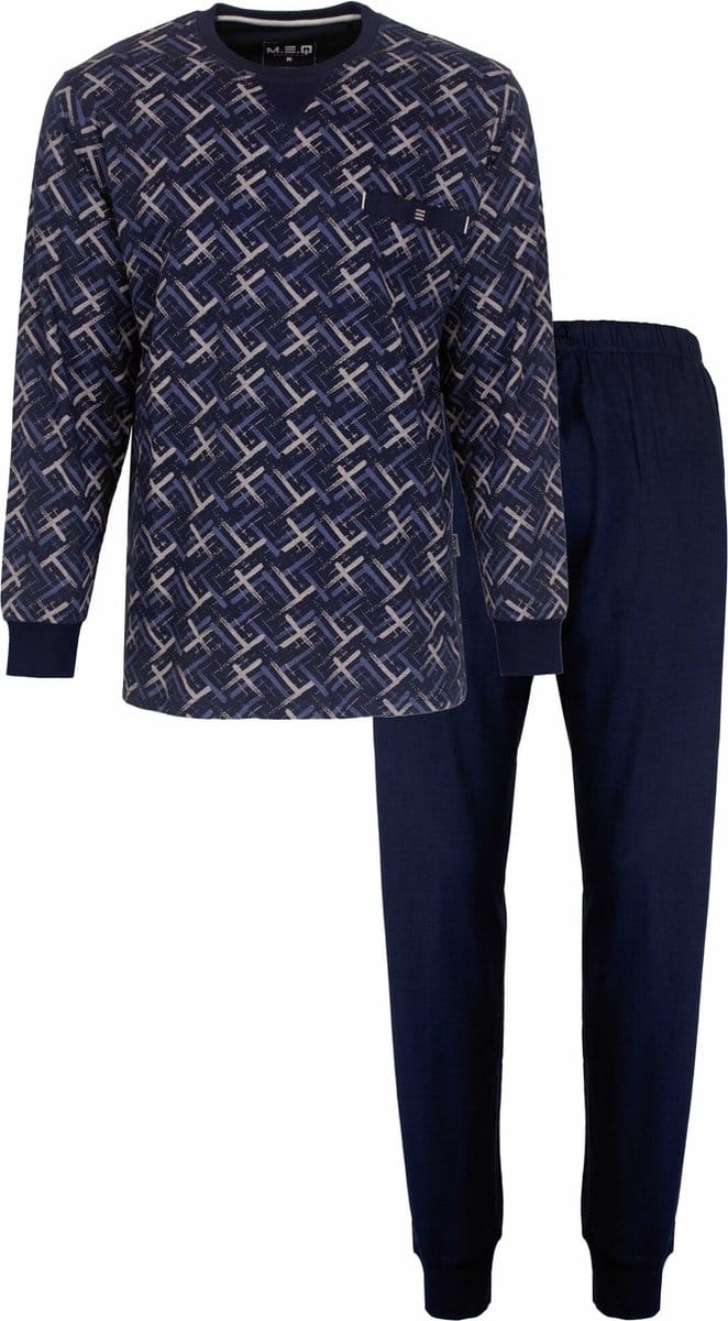 MEQ Heren Pyjama - Geprint Dessin - Katoen - Donker Blauw - Maat L